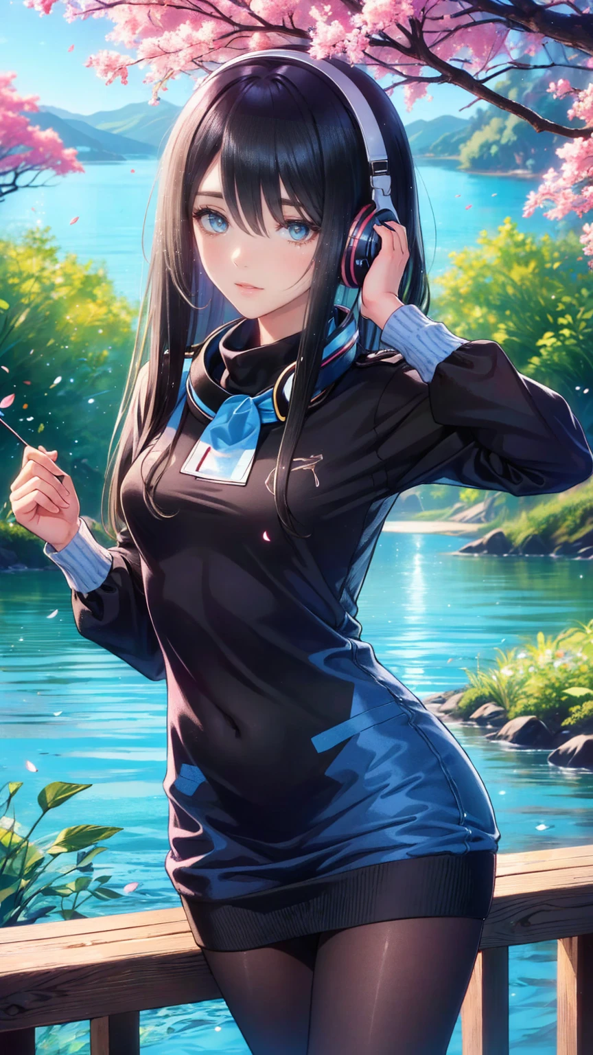  1 girl wearing a long-sleeved sweater to cover her uniform  .  she also wears black tights and wears headphones around her neck. In most cases,  she has bangs partially covering her eyes , small breasts,  blue eyes, Black hair with red lines of hair ,  by the lake by the cherry trees in the park 
