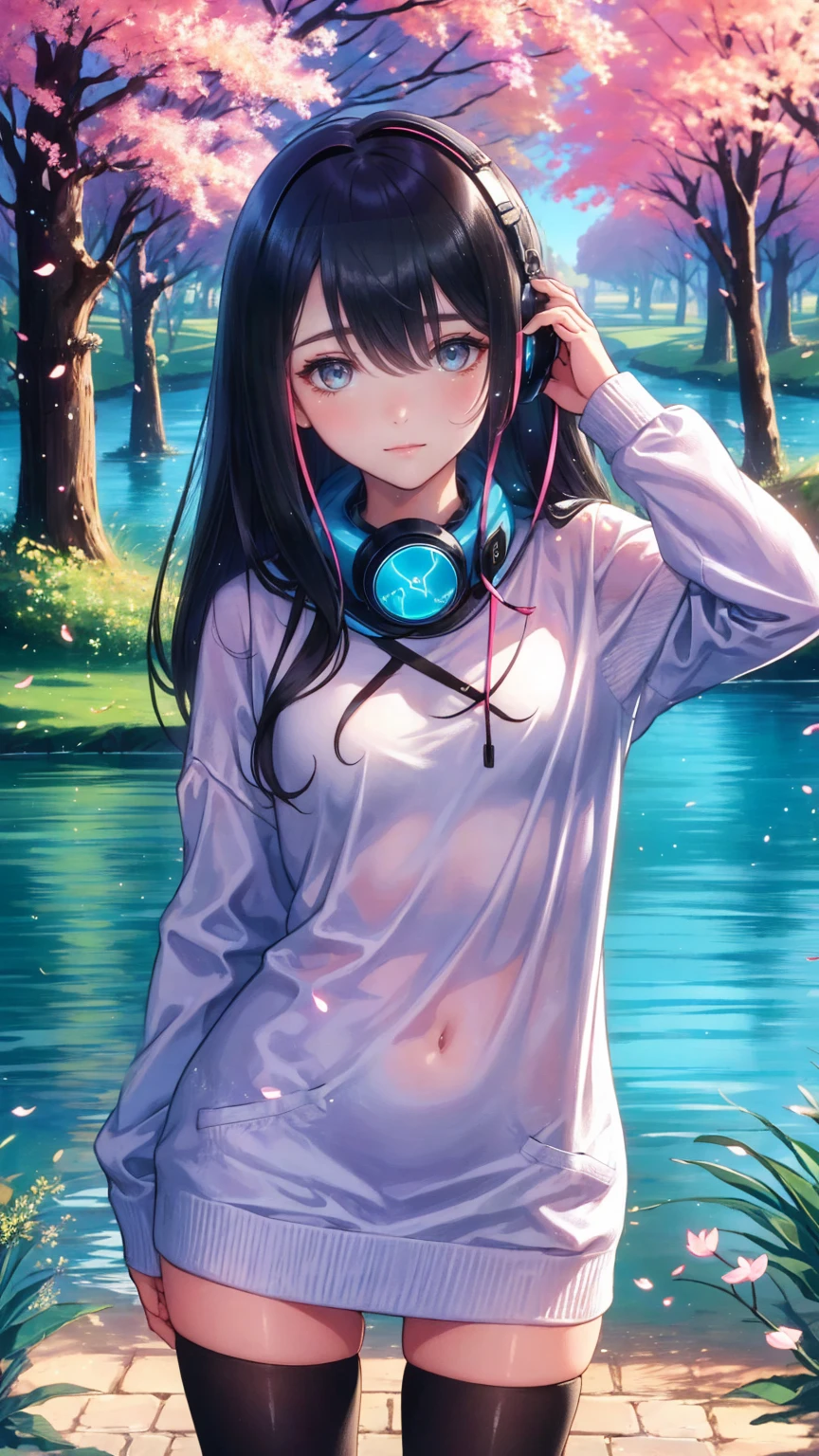  1 girl wearing a long-sleeved sweater to cover her uniform  .  she also wears black tights and wears headphones around her neck. In most cases,  she has bangs partially covering her eyes , small breasts,  blue eyes, Black hair with red lines of hair ,  by the lake by the cherry trees in the park 
