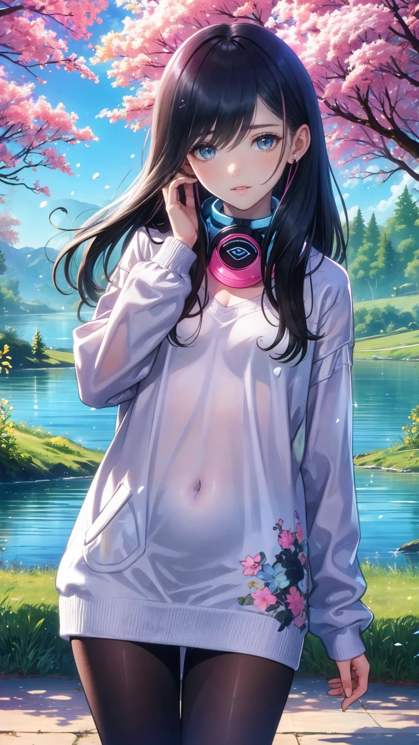  1 girl wearing a long-sleeved sweater to cover her uniform  .  she also wears black tights and wears headphones around her neck. In most cases,  she has bangs partially covering her eyes , small breasts,  blue eyes, Black hair with red lines of hair ,  by the lake by the cherry trees in the park 
