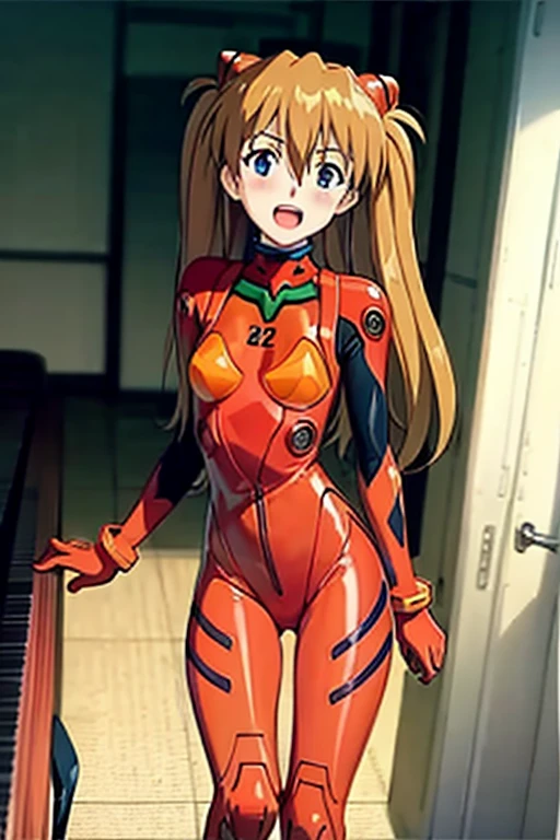 (( top quality)), ((masterpiece)), (be familiar with),  perfect face, indoor, bedroom, looking at the viewer,
One woman,  Soryu Asuka Langley,
 open mouth,  ecstatic expression beside the piano, blush, smile,
 small tits,  flat chested, Young girl, Lori,  s,  girl,
 long hair,  twin tails,
Leg spread,