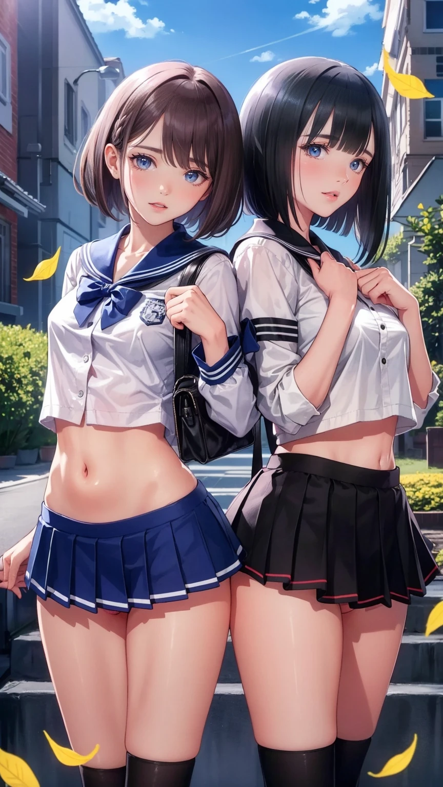 top quality、  high definition  、  Detailed Background  、  fisheye lens，young、very *************  girl ，( two  girls:1.5)、  brown hair  、*********，Glasses，  bob cut 、  ponytail vaginal bleeding、  flat chested:1.3、  VERY HIGH  ， Figure Temptation :1.3， very細い太もも，very short legs，bright colored long sleeve sailor suit、  NAVY BLUE PLEATED MINI SKIRT  、 white knee-high socks ，belly button，  girl用花柄刺繍パンティー 、Floral embroidered bra、  She showed me her panties with a happy face.，Laugh playfully、smile、 small and cute ，  raise your skirt ， School Bags ，  fallen leaves 　Vaginal discharge，Strong winds， Irony ，
