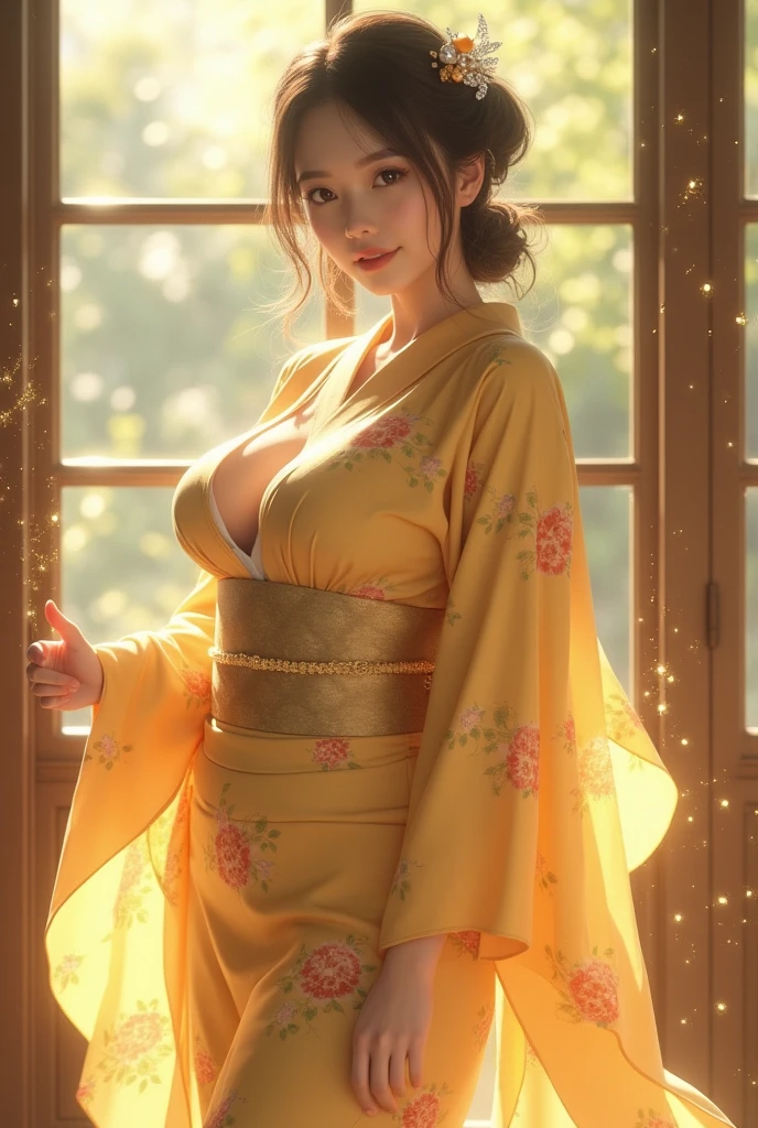 (masterpiece, best quality), 1girl,  pokemonerika, (yellow eyes:1.5), black hair, headband, short hair, japanese clothes, kimono, hakama, NSFW, 21 year old girl, large breasts, curvy, red hakama, long sleeves, wide sleeves,