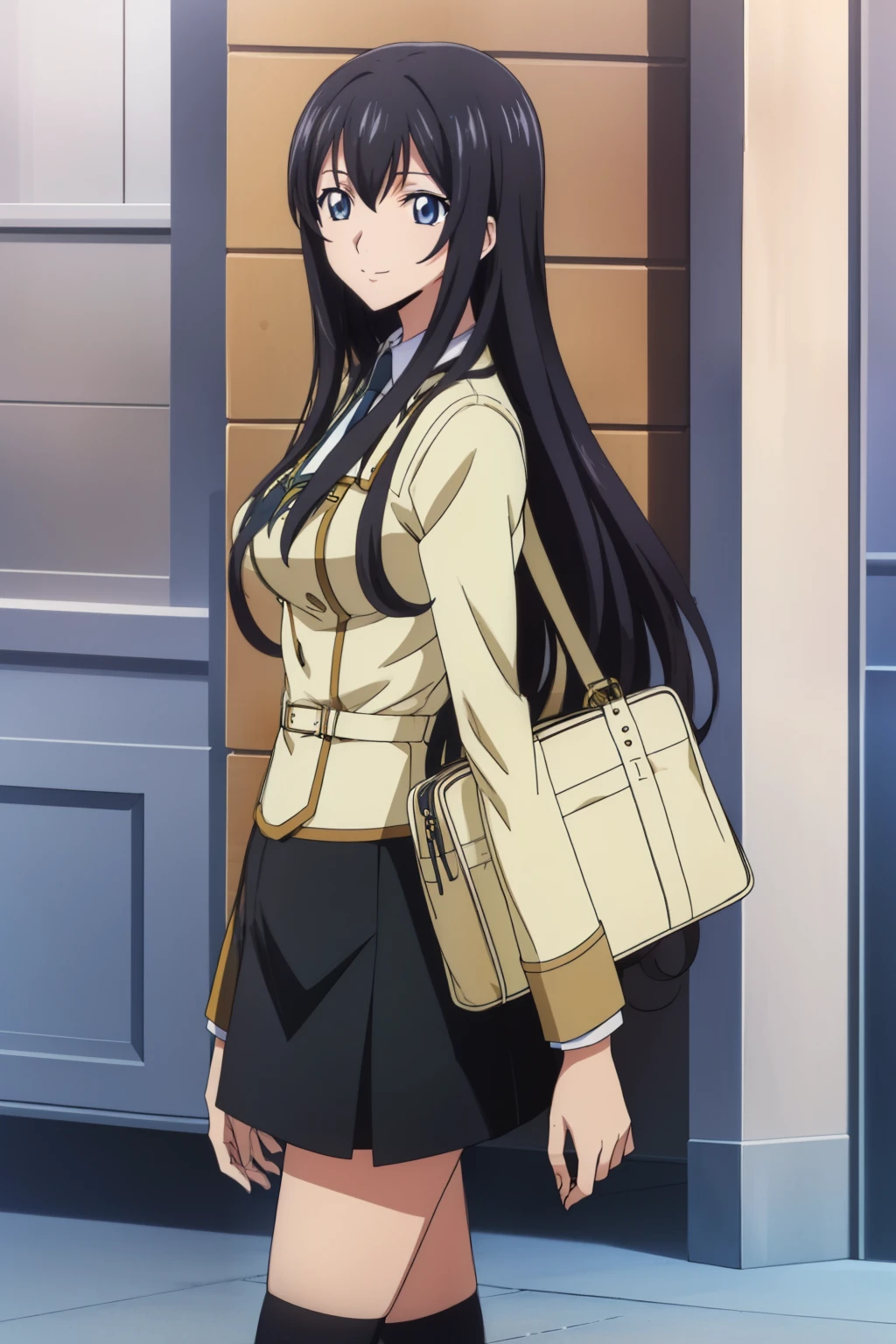 from side, 1 girl, cute, black hair, long hair, ((髪band)), (smile), (Walking with a student bag), (School Uniform, black skirt, socks), (On the way to school), (anime cels style, Masterpiece, best quality, high resolution, anime colored, megami magazine:1.2, anime poster style, anime keyvisual, sharp, 8k, photorealistic), beautiful eyes