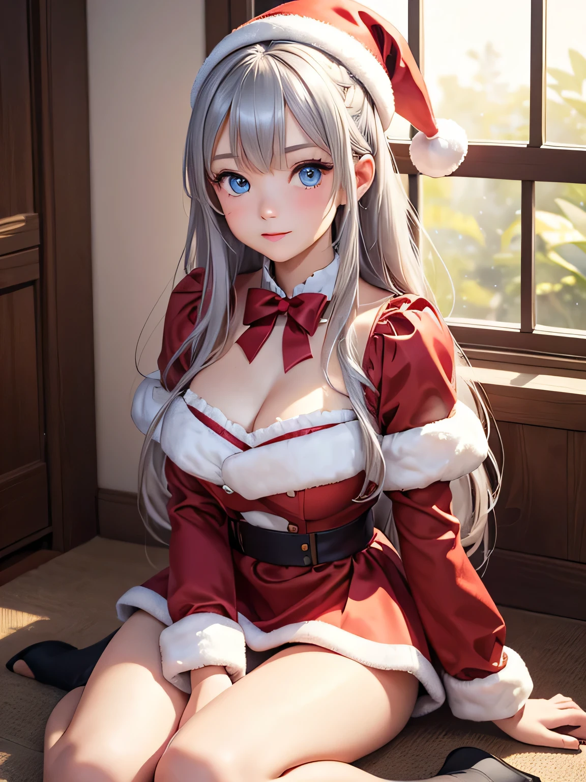 8K、Best Quality、nigh sky、adult lady、poneyTail、delicated face、black eyes、Sareme、blushed face、red and white santa claus costume、cleavage of the breast、Colossal tits:1.8、big butts:5.5、big breasts thin waist、Beautiful constriction、shinny skin、Facing up、Kamimei、Shy smile、Looking Up、独奏、1人、Reindeer antlers、sleeps in a bed、sole of feet、
