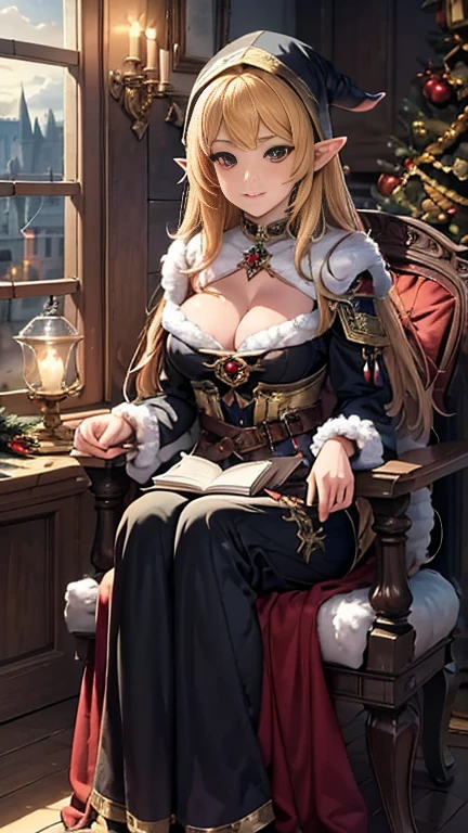 blond woman in a black and gold costume with a hood on, hyperdetailed fantasy character, ornate cosplay, beautiful elf with ornate robes, portrait of a sorceress, portrait of a female mage, beautiful necromancer, beautiful sorceress, a beautiful sorceress, 2. 5 d cgi anime fantasy artwork, beautiful necromancer girl, full body look, full body shot, castle background , winter, Christmas