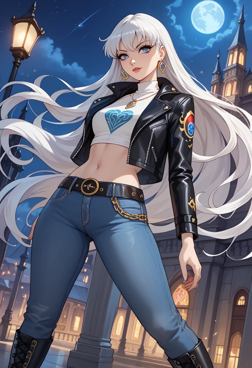 masterpiece, best quality, illustration, 1 girl, icywinx, alone, very long hair, open black leather jacket, jeans, belt, earrings, belly button, leather boots, high definition, fantasy worlds, composition, white hair, night, blue eyes, anime style, villain, evil