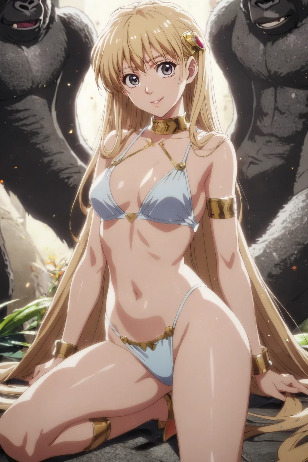 1990s anime cell art style、 1990s manga style、((whole body))、Leona、 Blonde、bangs、 long hair、 1 girl、20 years old、 young woman、 Beautiful Fingers 、 beautiful long legs 、 beautiful body、Beautiful Nose、Beautiful character design、 perfect eyes、 perfect face、 Expressive Eyes 、 perfect balance、 red eyeshadow 、 Staring at Viewers 、lipstick、Lip Makeup、 close your mouth、(Innocent big eyes:1.0)、 bright smile next to the gorilla、 Official Art 、 Highly Detailed CG Unity 8k Wallpaper、 Full Photo、 colorful 、 shiny skin、 (masterpiece:1.0)、( top quality:1.0)、超 high definition 、4K、 super detailed、 photograph、8k、HDR、 high definition 、abstract:1.2、 Kodak Portra 400 、 film grain 、Bokeh:1.2、Lens Flare、 ( bright color:1.2)、プロのphotograph、 ((Tall、 skinny、 beautiful breasts、 small breasts))、( beautiful face:1.5)、( Thin Waist )、 wears micro bikini、