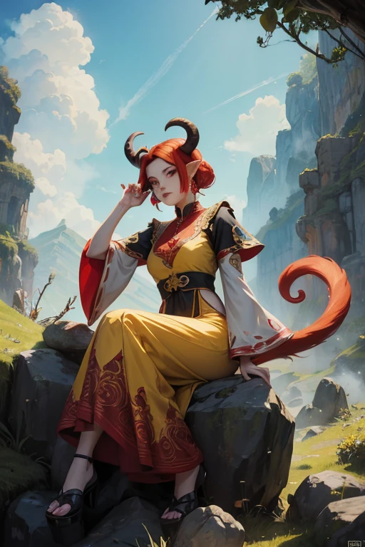  a beautiful demonic female monkey with red hair ,  yellow-eyed, large bust, tail and ears of a monkey ,  arrogant and imposing female demonic monkey ,  wearing traditional clothing of the Monkey King ,  sitting on a large rock on Mount Huago ,  magnificent demonic female monkey looking at the viewer,  highly detailed , hyper-realistic, 8k,  photorealistic ,   masterpiece ,  dramatic lighting ,  cinematographic composition ,  vibrant colors,  fantasy art ,  conceptual art,  digital painting 