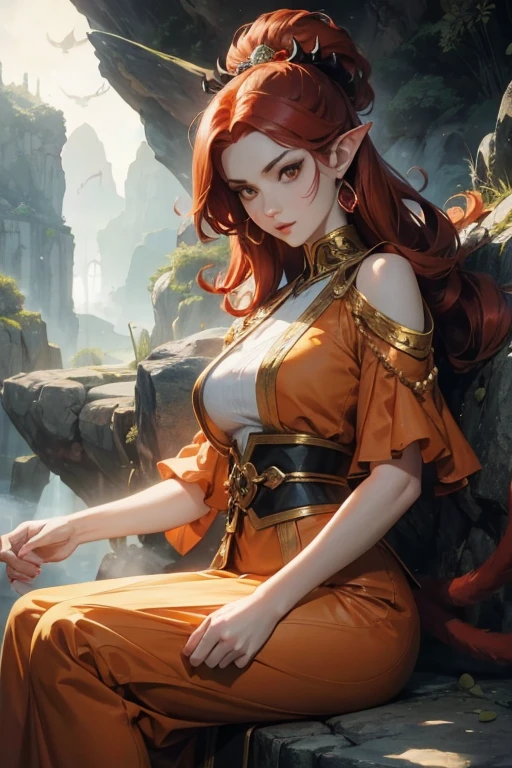  a beautiful demonic female monkey with red hair ,  yellow-eyed, large bust, tail and ears of a monkey ,  arrogant and imposing female demonic monkey ,  wearing traditional clothing of the Monkey King ,  sitting on a large rock on Mount Huago ,  magnificent demonic female monkey looking at the viewer,  highly detailed , hyper-realistic, 8k,  photorealistic ,   masterpiece ,  dramatic lighting ,  cinematographic composition ,  vibrant colors,  fantasy art ,  conceptual art,  digital painting 