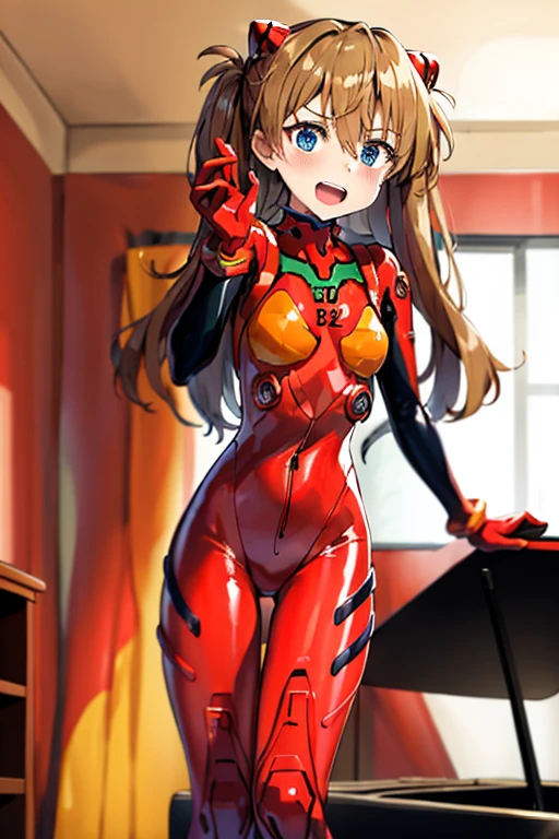 (( top quality)), ((masterpiece)), (be familiar with),  perfect face, indoor, bedroom, looking at the viewer,
One woman,  Soryu Asuka Langley,
 open mouth,  ecstatic expression beside the piano, blush, smile,
 small tits,  flat chested, Young girl, Lori,  s,  girl,
 long hair,  twin tails,
Leg spread,