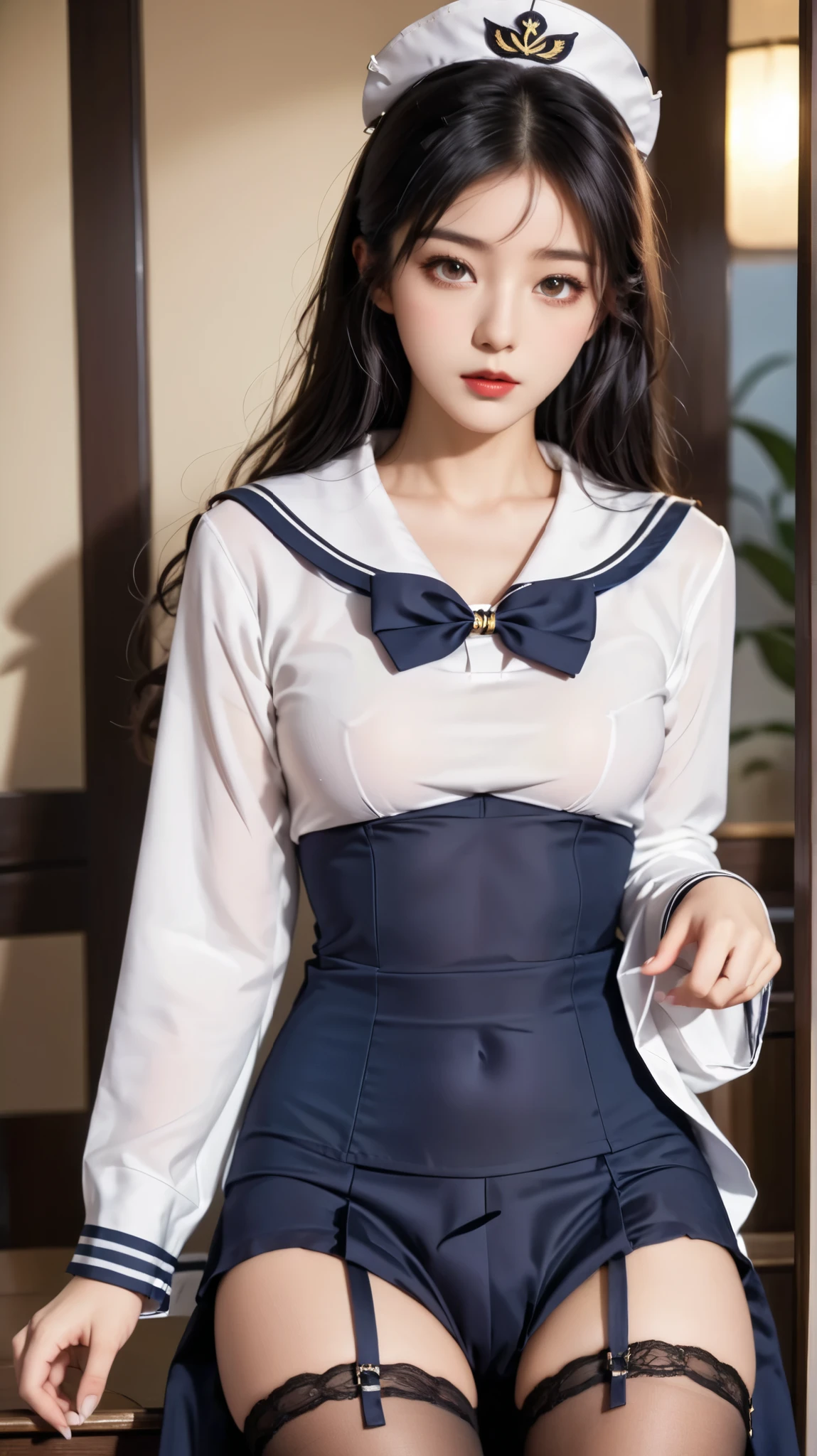 classroom, ((( sailor suit)))、 girl, The Eyes That Seduce Viewers, Shine, Shine, masterpiece, The sweet taste of temptation, nice, masterpiece, best quality, Shadow, S-Core_9, S-Core_8_up, S-Core_7_up、(gigantic breast:1.1)、 black hair、 standing 、(Big Eyes)、(skirt)、Small waist、(Very long legs)、 black stockings、(Breasts covered with clothes)、takeda hiromitsu style, Fingering、ass Fingering、 garter belt
