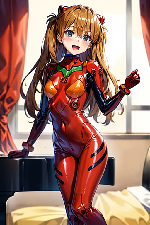 (( top quality)), ((masterpiece)), (be familiar with),  perfect face, indoor, bedroom, looking at the viewer,
One woman,  Soryu Asuka Langley,
 open mouth,  ecstatic expression beside the piano, blush, smile,
 small tits,  flat chested, Young girl, Lori,  s,  girl,
 long hair,  twin tails,
Leg spread,