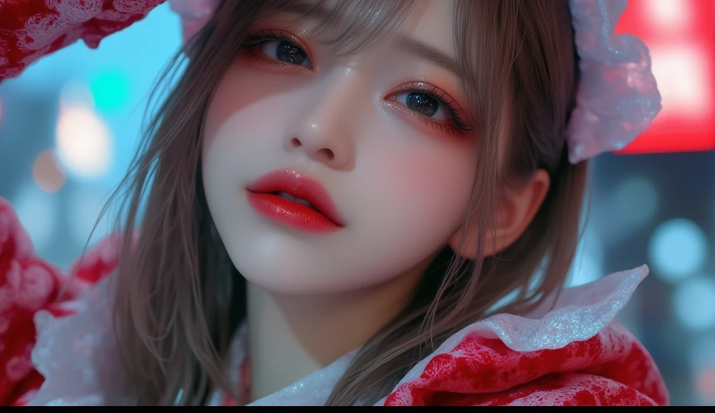 (Masterpiece:1.2, best quality), (Beautiful eyes with exquisite details: 1.2), (Detailed background,dark fantasy), (Beautifully detailed face), high contrast, (Best illumination, Delicate and extremely beautiful), ((Cinema-grade lighting)), colorful, hyper detail, incredible light, complicated details, (1 woman, alone,black hair, Sharp face,Low Twintails,conjunctivitis, hair between the eyes,Dynamic angle), (blood splatter:1.4), Black light swirled around the character., depth of field,black light particles,(broken glass),magic circle,