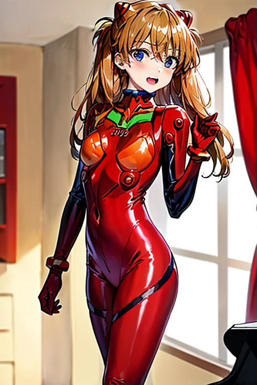 (( top quality)), ((masterpiece)), (be familiar with),  perfect face, indoor, bedroom, looking at the viewer,
One woman,  Soryu Asuka Langley,
 open mouth,  ecstatic expression beside the piano, blush, smile,
 small tits,  flat chested, Young girl, Lori,  s,  girl,
 long hair,  twin tails,
Leg spread,