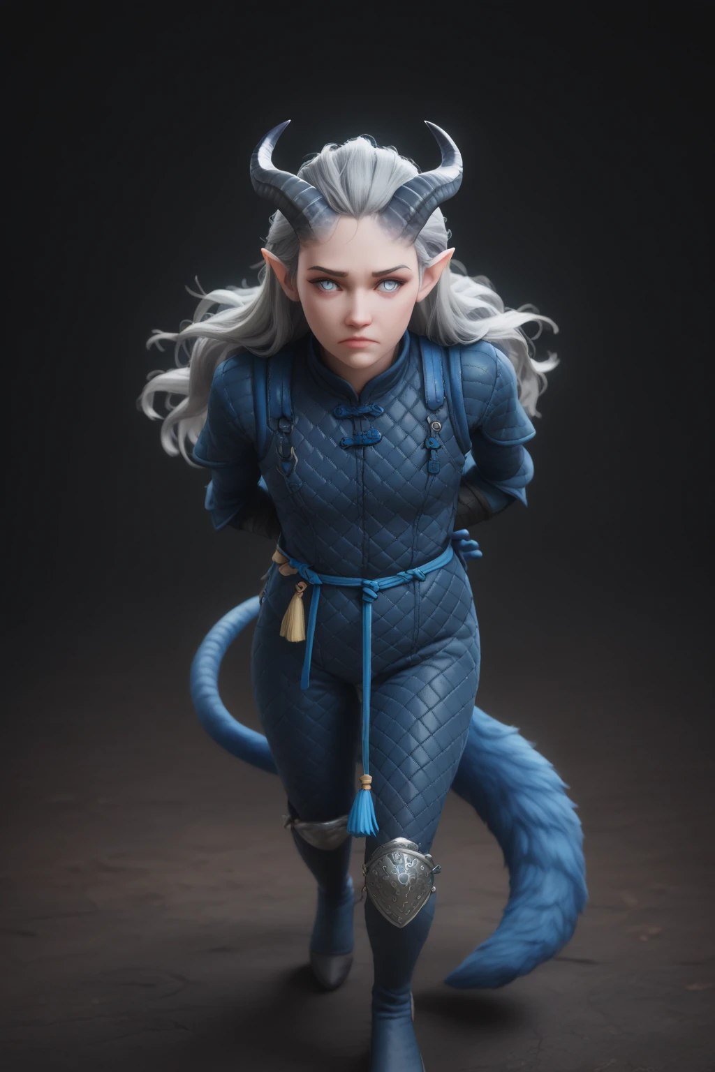 (A sprawling cedar is growing), (((1Тiefling , dark blue leather :1.4),  girl  , (30 years old) (Hands behind your back) (bright blue-grey eyes) chainmail, gray-black armor ,   Protection on a thick blue tail,   closed mouth  ,  long, (Thick tifling tail with tassel),   dark gray horns  , long hair white ,  One,   grey hair)) ,(runs away from Owlbear :1.5),  (  top quality ,  masterpiece fails,   highest detail  ) ,  fantasy background. blue tones, Dark tones,  fantasy background.  Clear water. scale,  Dark colors , dark shades,  muted colors. (( view from above )).  muted colors.  With a blue magic portal in the background.  magical energy .