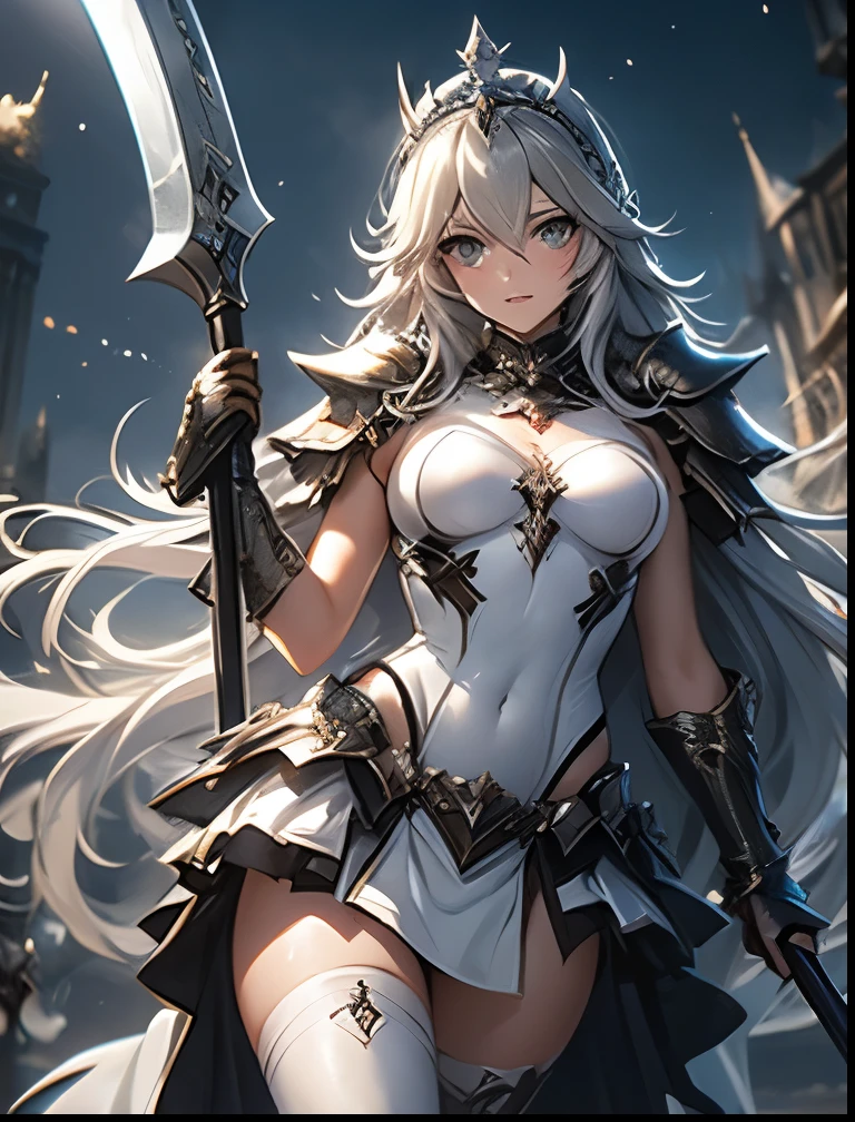 fantasy, 1devil_girl, low_teen, platina_blond_hair,long_bangs,, bare_shoulder, navel out, thighhighs,silver_armor, red_clothes,waist_armor, Glebe, hold_swords, large_breasts, dynamic_flying_pose,Floating,(pelvic_curtain:1.3), silver_Headgear ,looking_down_at_sunrise_city_sky_background,,slightly_spread_legs, some_swords,some_swords_floating_around_the_girl,solo,horn ,smile,,open_legs,open_arms,rise_knee,rise_leg,rise_thigh,rise_leg,forward_leaning_posture,apart_legs,fang,Shiny_gold_eyes,crotch