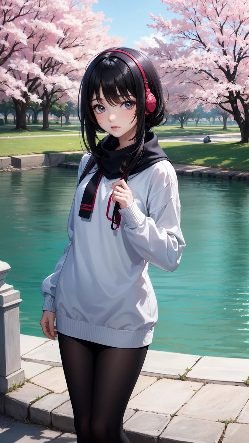  1 girl wearing a long-sleeved sweater to cover her uniform  .  she also wears black tights and wears headphones around her neck. In most cases,  she has bangs partially covering her eyes , small breasts,  blue eyes, Black hair with red lines of hair ,  by the lake by the cherry trees in the park 
