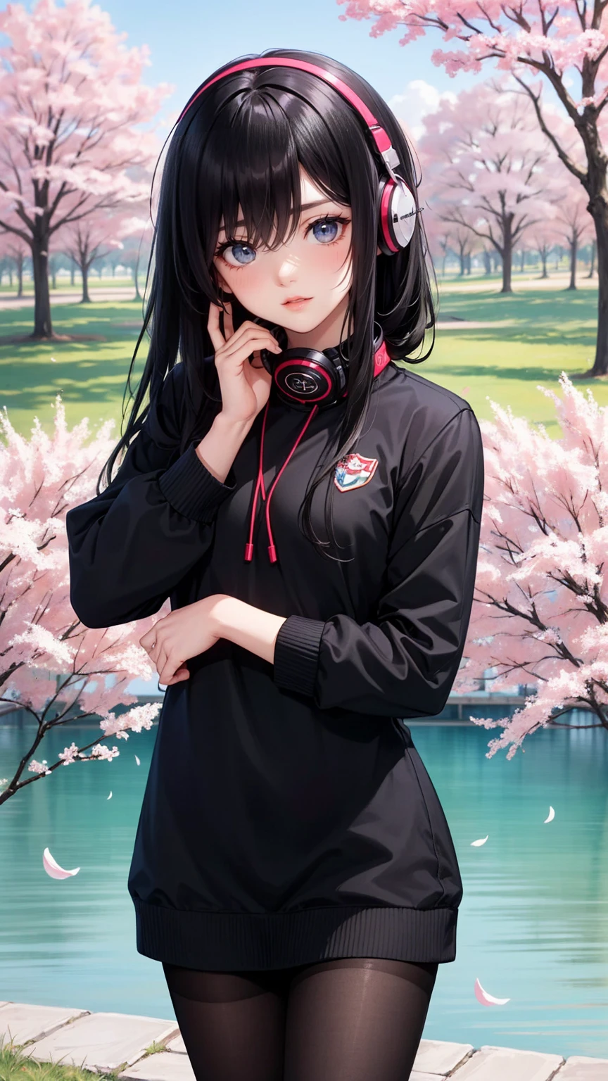  1 girl wearing a long-sleeved sweater to cover her uniform  .  she also wears black tights and wears headphones around her neck. In most cases,  she has bangs partially covering her eyes , small breasts,  blue eyes, Black hair with red lines of hair ,  by the lake by the cherry trees in the park 
