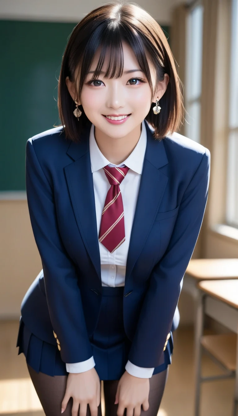 スコア_9, スコア_8_アップ, スコア_7_アップ, sアップer detailed, BREAK A breathtakingly beautiful Japanese woman with long, silky black hair, wearing a modern school uniform with a fitted blazer, short skirt, and tights. She has a radiant smile, stunning facial and eye details, and a confident yet graceful demeanor. She is posing in a classroom setting, leaning forward slightly with her hands placed behind her back, emphasizing her elegant posture. Her figure is curvaceous with a focus on her proportions, and the scene captures her in a dynamic position as she squats or does the splits. The atmosphere includes soft steam or light haze for added depth and realism. Ultra-high-definition, 32K resolution, masterpiece-level detail, Hausmo style.