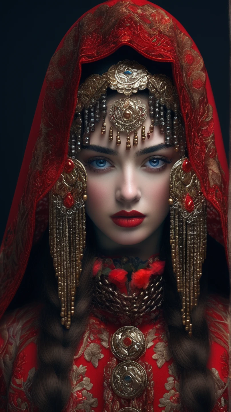 hn,1girl,solo,veil,blue eyes,looking at viewer,red lips,black background,long hair,braid,necklace,portrait,simple background,brown hair,gem,realistic,lips,closed mouth,head chain,upper body,lipstick,gold,dark background,multiple braids,