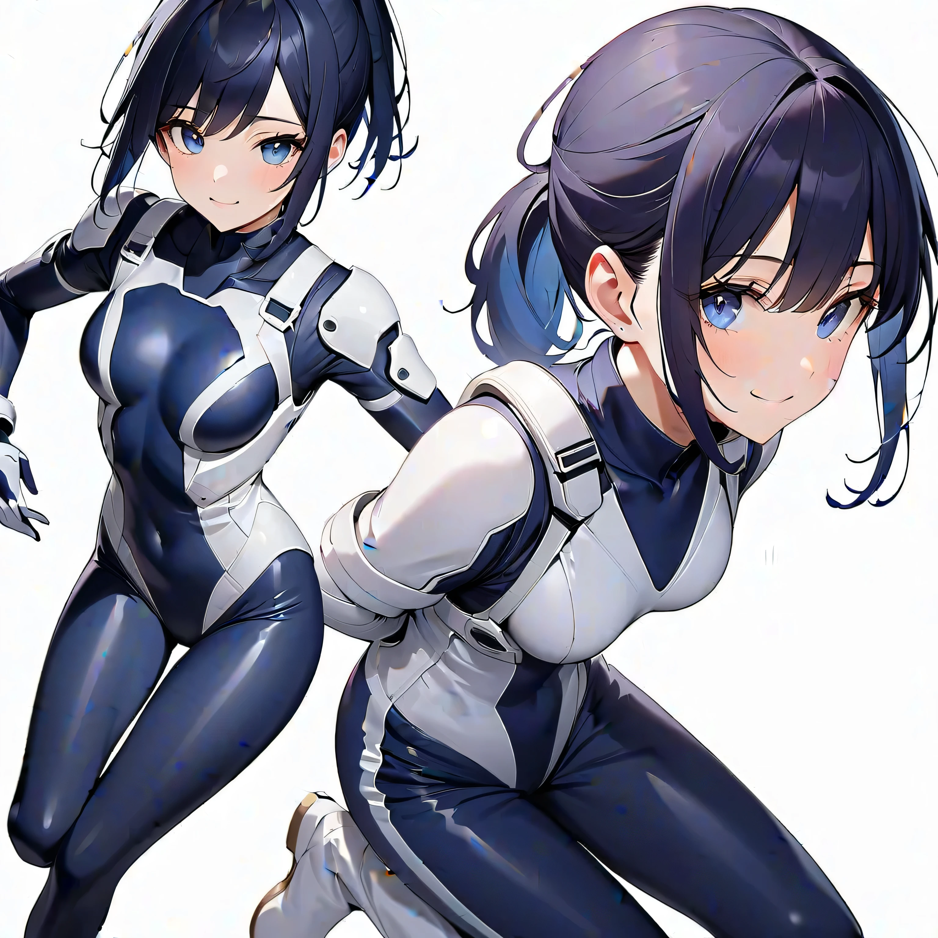 aile_megamanzx, kneeling with one hand on the ground and the other arm raised, 1girl, solo, short hair, brown hair, short sleeves, (bodysuit), robot ears, green eyes, very_short_shorts, short sleeves, short over long sleeves, smile, in futuristic city, , high quality, medium_breasts,crotch, slouch,groin