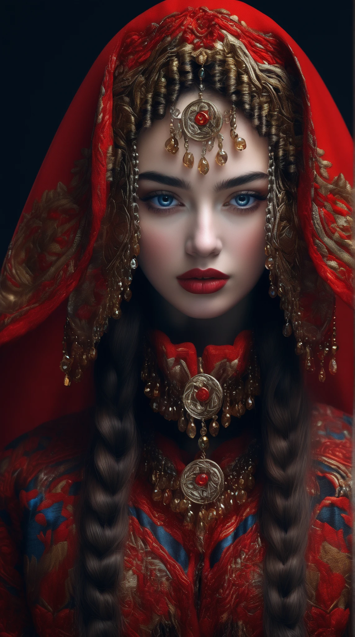 hn,1girl,solo,veil,blue eyes,looking at viewer,red lips,black background,long hair,braid,necklace,portrait,simple background,brown hair,gem,realistic,lips,closed mouth,head chain,upper body,lipstick,gold,dark background,multiple braids,