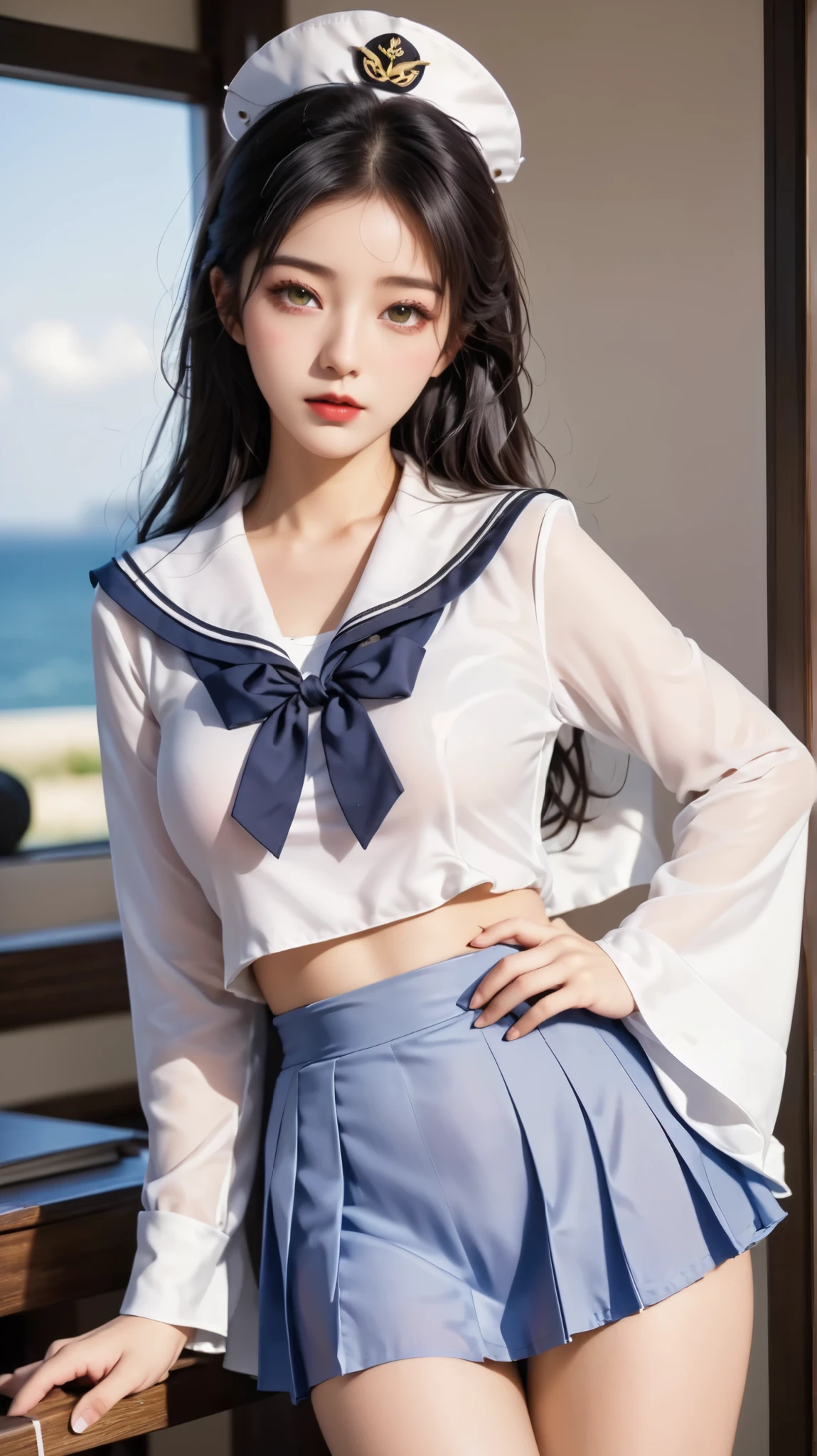 classroom, ((( sailor suit)))、 girl,  The Eyes That Seduce Viewers, Shine, Shine, masterpiece, The sweet taste of temptation, nice, masterpiece,  best quality,  Shadow, S-Core_9, S-Core_8_up, S-Core_7_up、(gigantic breast:1.1)、 black hair、 standing 、(Big Eyes)、(skirt)、Small waist、(Very long legs)、 black stockings、(Breasts covered with clothes)、takeda hiromitsu style, Fingering、ass Fingering、 garter belt