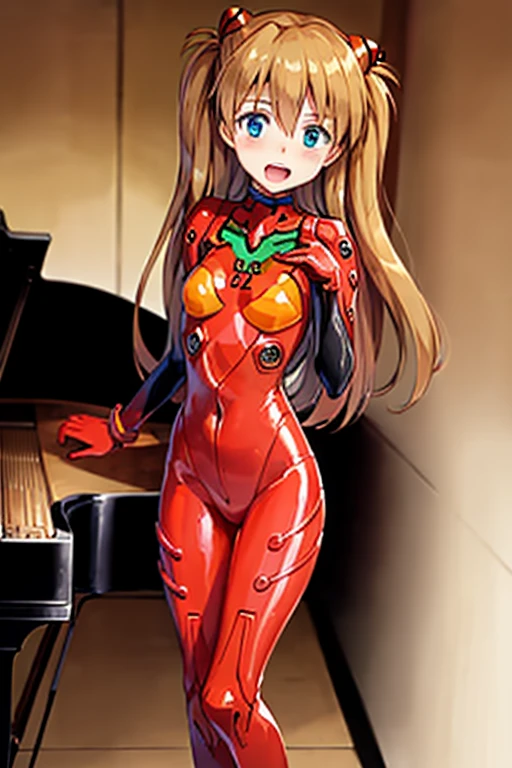 (( top quality)), ((masterpiece)), (be familiar with),  perfect face, indoor, bedroom, looking at the viewer,
One woman,  Soryu Asuka Langley,
 open mouth,  ecstatic expression beside the piano, blush, smile,
 small tits,  flat chested, Young girl, Lori,  s,  girl,
 long hair,  twin tails,
Leg spread,