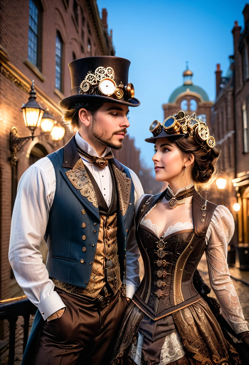 A romantic steampunk scene featuring a couple standing on a cobblestone bridge overlooking a glowing cityscape filled with intricate Victorian-style buildings, airships, and chimneys releasing steam. The man wears a tailored waistcoat, top hat, and brass goggles, holding the hand of a woman in a corset dress with detailed lace, a parasol adorned with gears, and a mechanical arm. The couple gazes into each other’s eyes under the soft light of a gas lamp, surrounded by a warm ambiance of bronze, gold, and the soft blue glow of the evening sky. Fine details include their expressions of deep affection and the intricate craftsmanship of their attire and accessories.