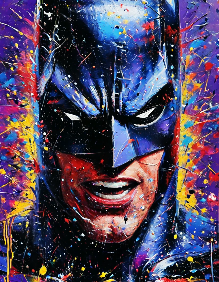 Ultra-high definition, award-winning work, masterpiece, extreme, purple background, , hyper contrast, multi-colored high-concentration splash paint, Batman 1989, Batman's crazy laugh, mouth wide open,