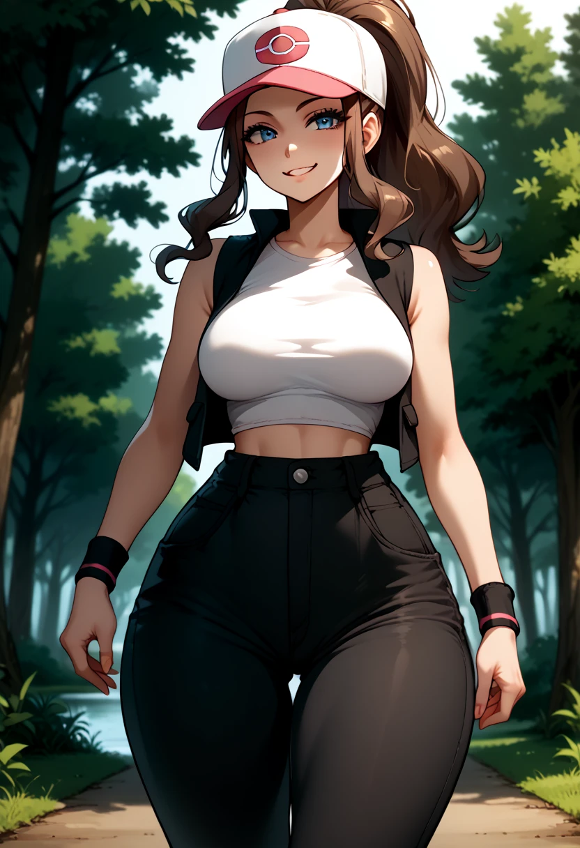 Perfect CG unity 8K UHD wallpaper, Perfect CG unity 8K UHD wallpaper, 1girl, large breasts, large hips, small waist, large thighs, smug, pokemonhilda, blue eyes, brown hair, long hair, ponytail, baseball cap, hat, vest, wristband, sleeveless, black vest, white shirt, micro shirt, outdoors, forest, walking, lowleg mechpants, mechpants, 