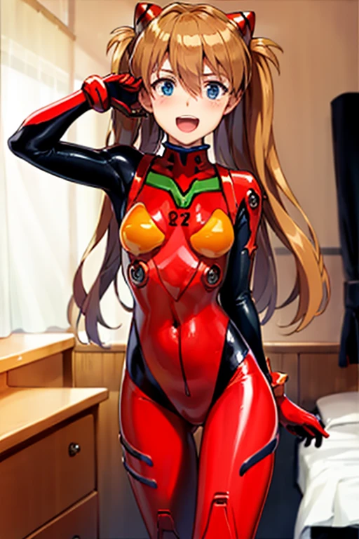 (( top quality)), ((masterpiece)), (be familiar with),  perfect face, indoor, bedroom, looking at the viewer,
One woman,  Soryu Asuka Langley,
 open mouth,  ecstatic expression beside the piano, blush, smile,
 small tits,  flat chested, Young girl, Lori,  s,  girl,
 long hair,  twin tails,
Leg spread,