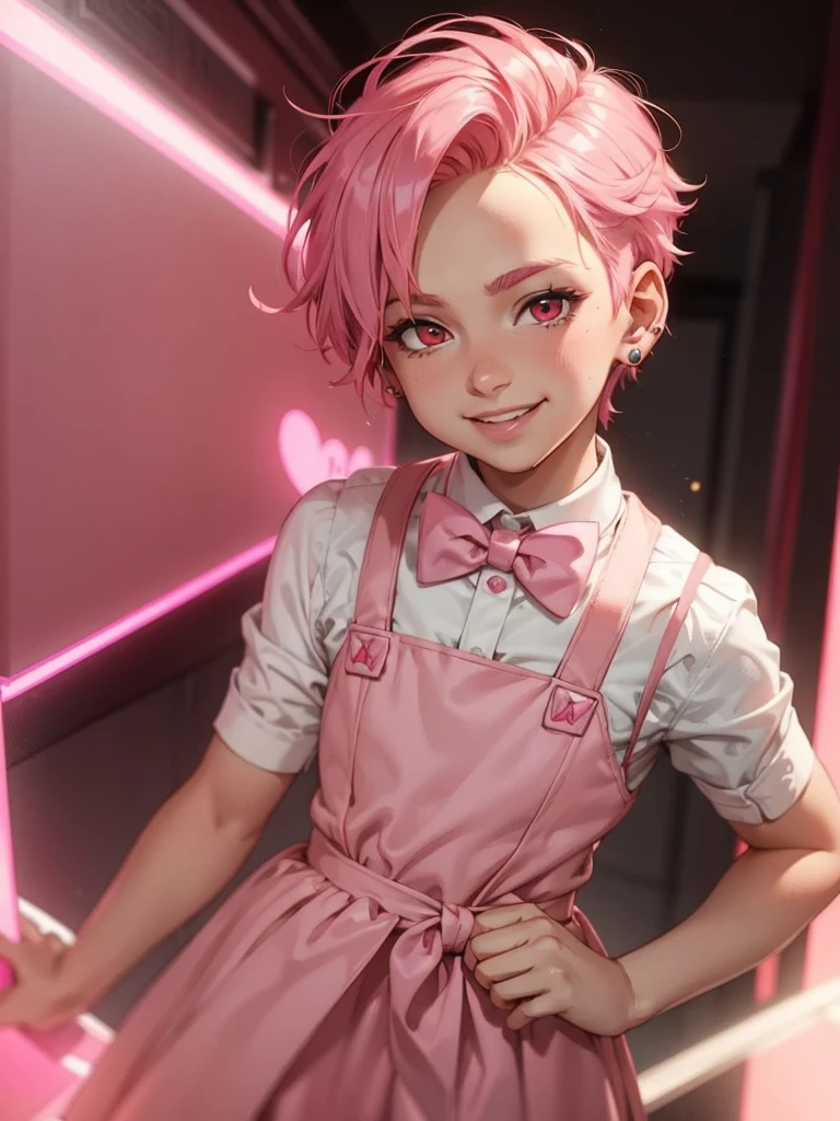 boy, cute, pink hair, smile, red eyes, bow tie, short hair, Swipe left, earring, pink dress, shorts, rainbow tie, Agasshi, lucrative, cake