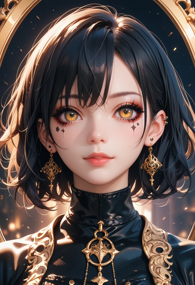 黒いフェイスマスクを着けて，1woman, LONG black hair and white hair, yellow eyes, golden accessoires and piercings, e-girl makeup, goth clothes, gold and black tarot backdrop