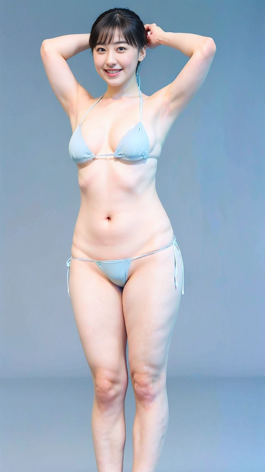 (best Quality:1.4), (hyper quality:1.2), Raw photo, (Realistic, Photorealsitic:1.37), Professional Photography, Cinematic Light, 1girl, solo, super fucking beautiful, extremely cute, Amazing face and eyes, ((topless wearing underwear)), small breasts, simple background, full body, standing.