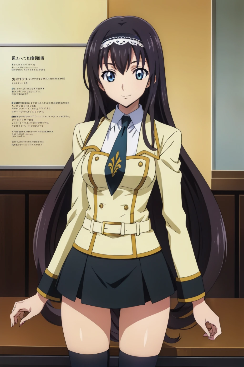  1 girl, cute, black hair, long hair, ((髪band)), (smile), (greeting), (School Uniform, black skirt, socks), (In a lecture room at the school), (anime cels style, Masterpiece, best quality, high resolution, anime colored, megami magazine:1.2, anime poster style, anime keyvisual, sharp, 8k, photorealistic), beautiful eyes