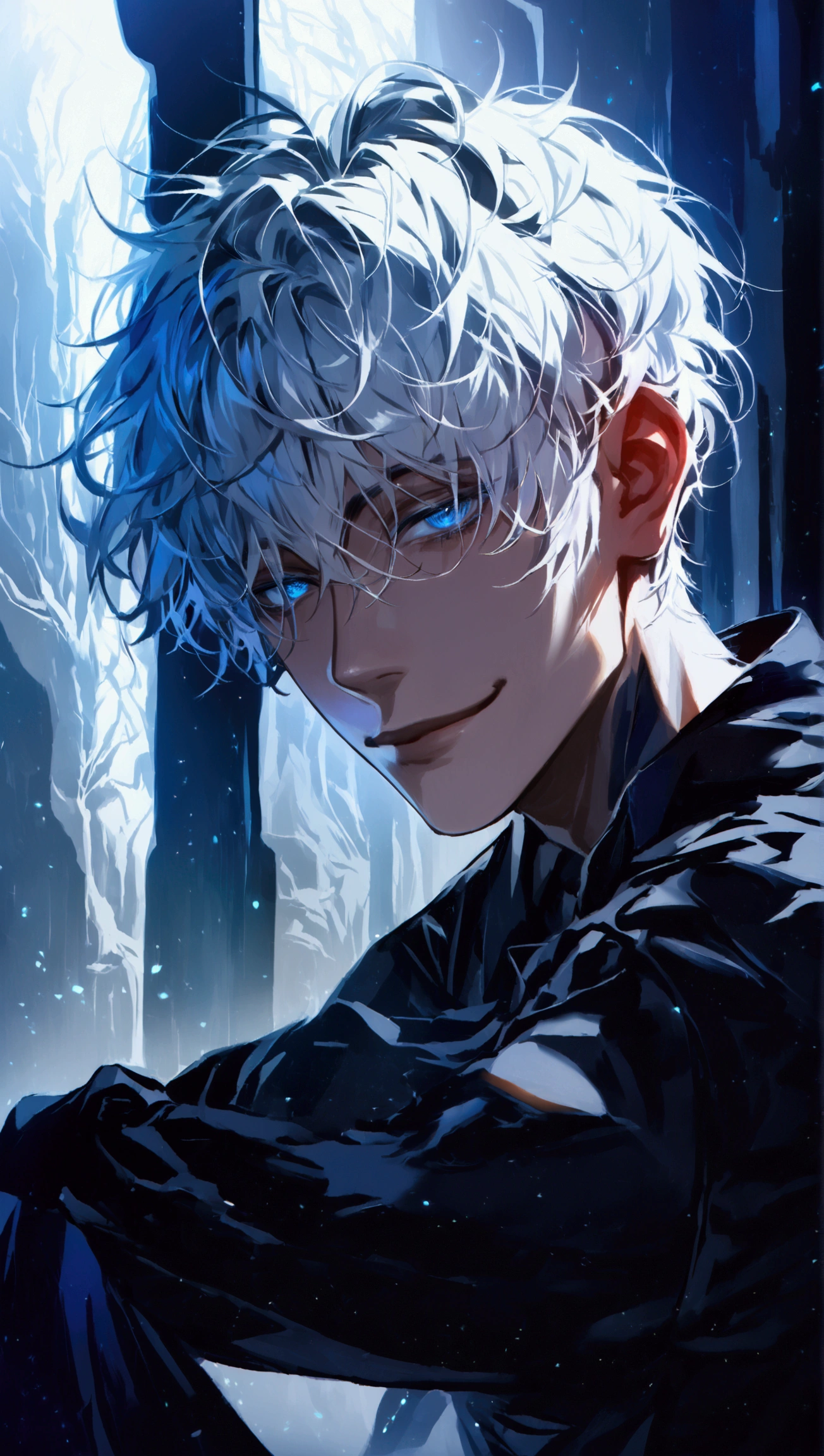 (solo), (1 male), (1 man), (chibi),handsome men, (one man with white hair with dark blue inner hair color, blue eyes), short hair, messy hair,smile,((masterpiece)), (dark background: 1.3), (stylish), dynamic angle, (detailed face, detailed eyes, proportional hands, proportional anatomy), sitting in a relaxed pose, sinister atmosphere,young