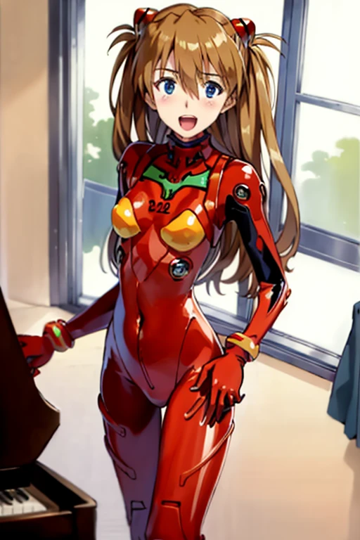 (( top quality)), ((masterpiece)), (be familiar with),  perfect face, indoor, bedroom, looking at the viewer,
One woman,  Soryu Asuka Langley,
 open mouth,  ecstatic expression beside the piano, blush, smile,
 small tits,  flat chested, Young girl, Lori,  s,  girl,
 long hair,  twin tails,
Leg spread,