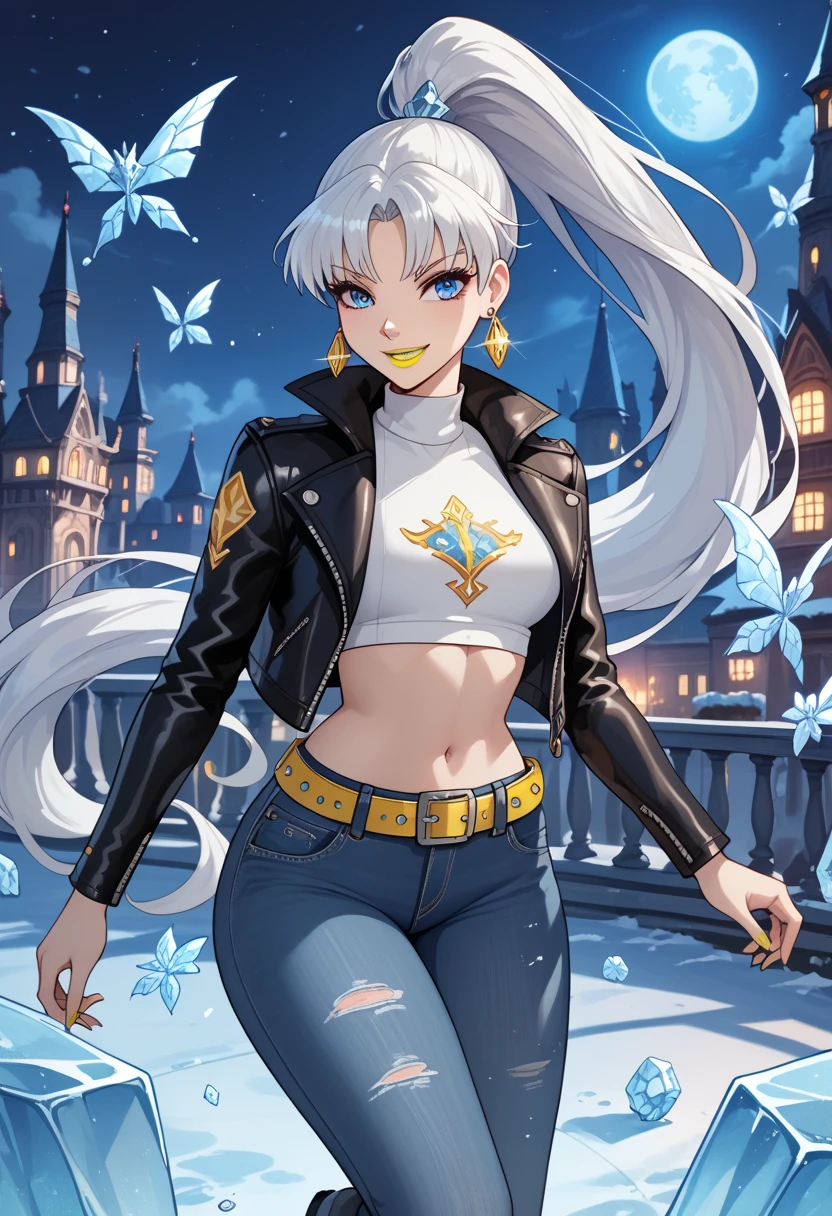 ice, best quality, illustration, 1 girl, icywinx, very long hair, open black leather jacket, jeans, belt, earrings, belly button, leather boots, high definition, fantasy worlds, composition, white hair, night, blue eyes, anime style, yellow lipstick, evil, smile, ponytail