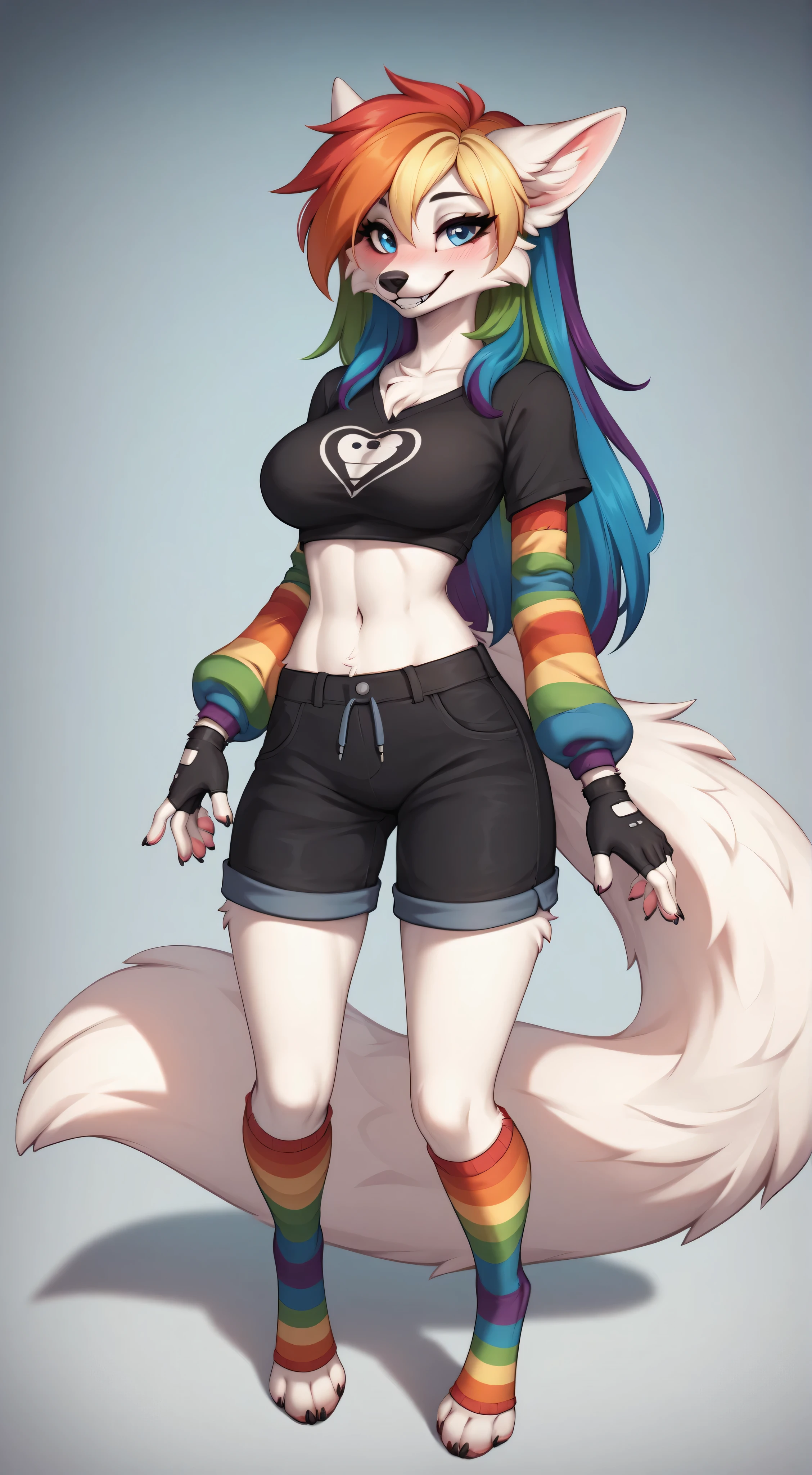 (4K HD Quality), score_9_up, score_8_up, score_6_up, anthro, solo, 1girl, furry, white fox, white body, white fur, rainbow hair color, long thick hair, blue eyes, fox tail, medium large breasts, 

perfect smile teeth, blush, 

rainbow sleeves gloves, fingerless gloves, rainbow socks, toeless socks, 

looking at view, full, full body view, (far view), simple background rainbow color, 

black shirt, black shorts, stand up straight, sexy standing style, 