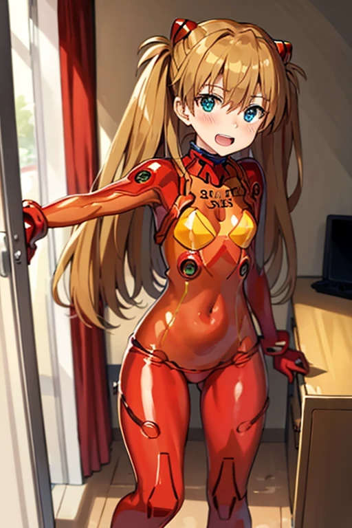 (( top quality)), ((masterpiece)), (be familiar with),  perfect face, indoor, bedroom, looking at the viewer,
One woman,  Soryu Asuka Langley,
 open mouth,  ecstatic expression beside the piano, blush, smile,
 small tits,  flat chested, Young girl, Lori,  s,  girl,
 long hair,  twin tails,
Leg spread,