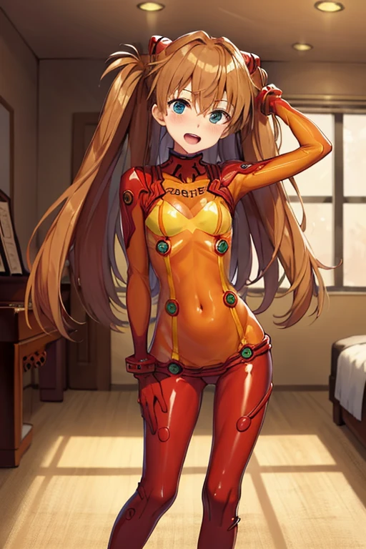 (( top quality)), ((masterpiece)), (be familiar with),  perfect face, indoor, bedroom, looking at the viewer,
One woman,  Soryu Asuka Langley,
 open mouth,  ecstatic expression beside the piano, blush, smile,
 small tits,  flat chested, Young girl, Lori,  s,  girl,
 long hair,  twin tails,
Leg spread,