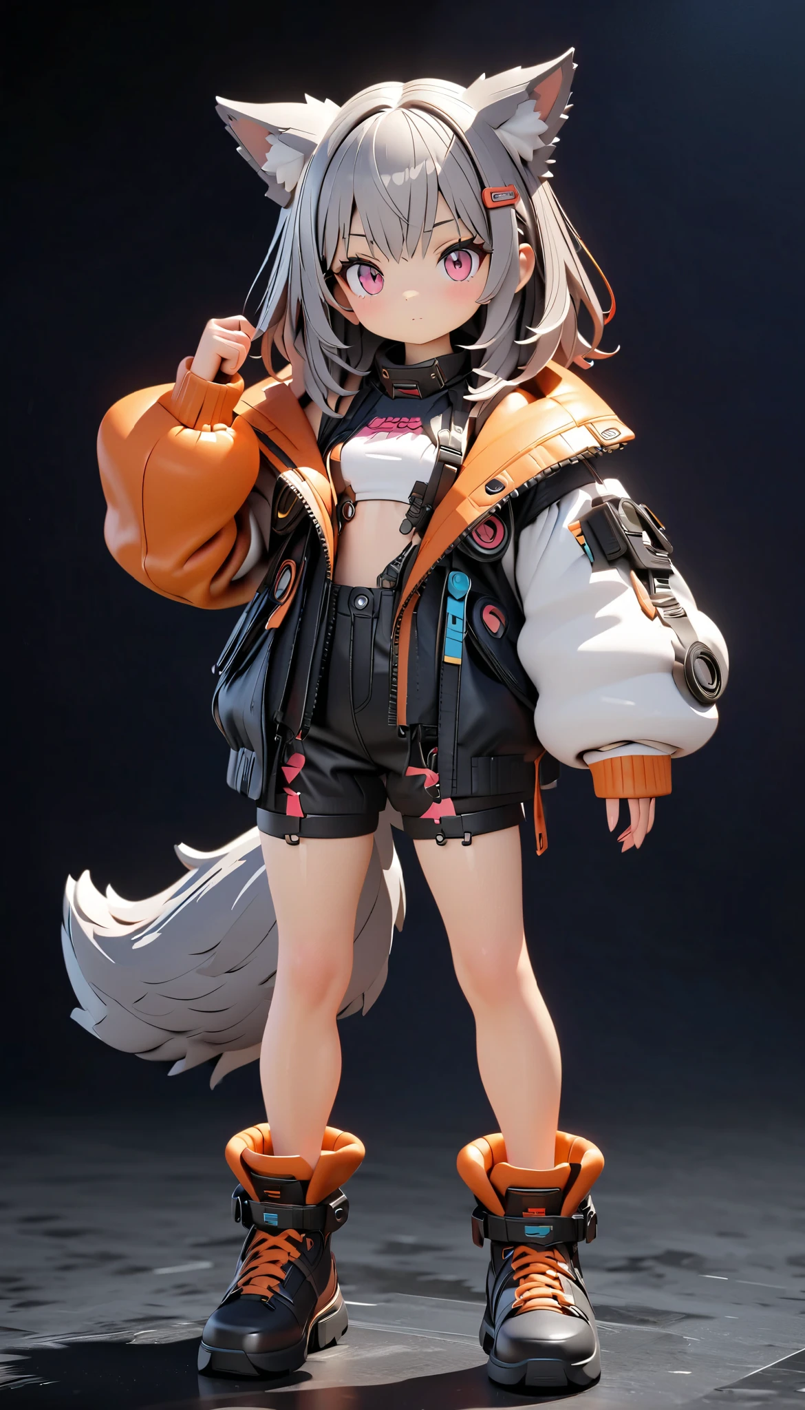 (masterpiece:1.2), ( top quality:1.2), super high resolution, very detailed, Wolf Girl, Gray Hair, Cyberpunk Outfit, flaffy tail, cute, white background , 3d style, 3D Figures, whole body, 4 heads, 3d rendering, oc rendering , 8k, from front, stand up