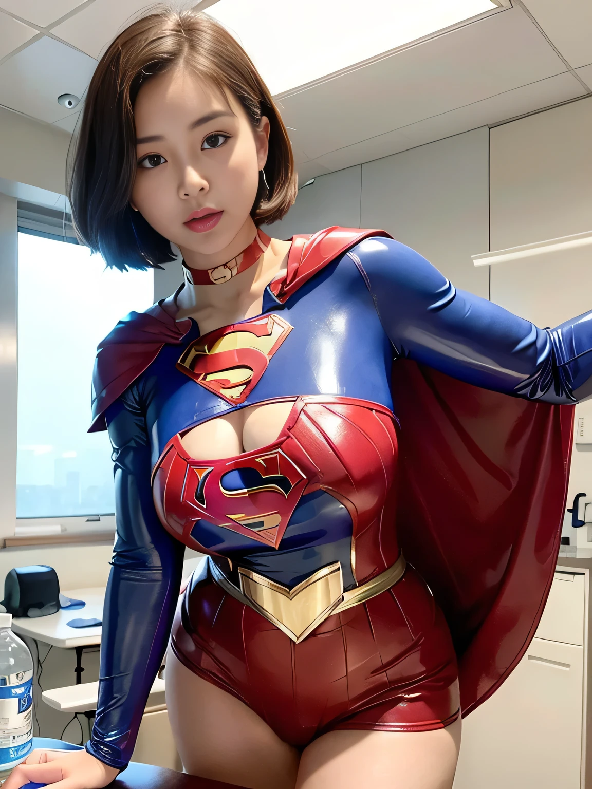 masterpiece、Rubber Supergirl Costume、short hair、Red rubber long boots、Big and ample breasts、looking at the camera、choker、Long sleeve、Cape、mini skirt、Off the shoulder、Sweaty skin、Hospital room、Photo magazine cover、Boasting beautiful legs、Posing while leaning against the camera equipment、Knee-length boots、wallpaper for pc、