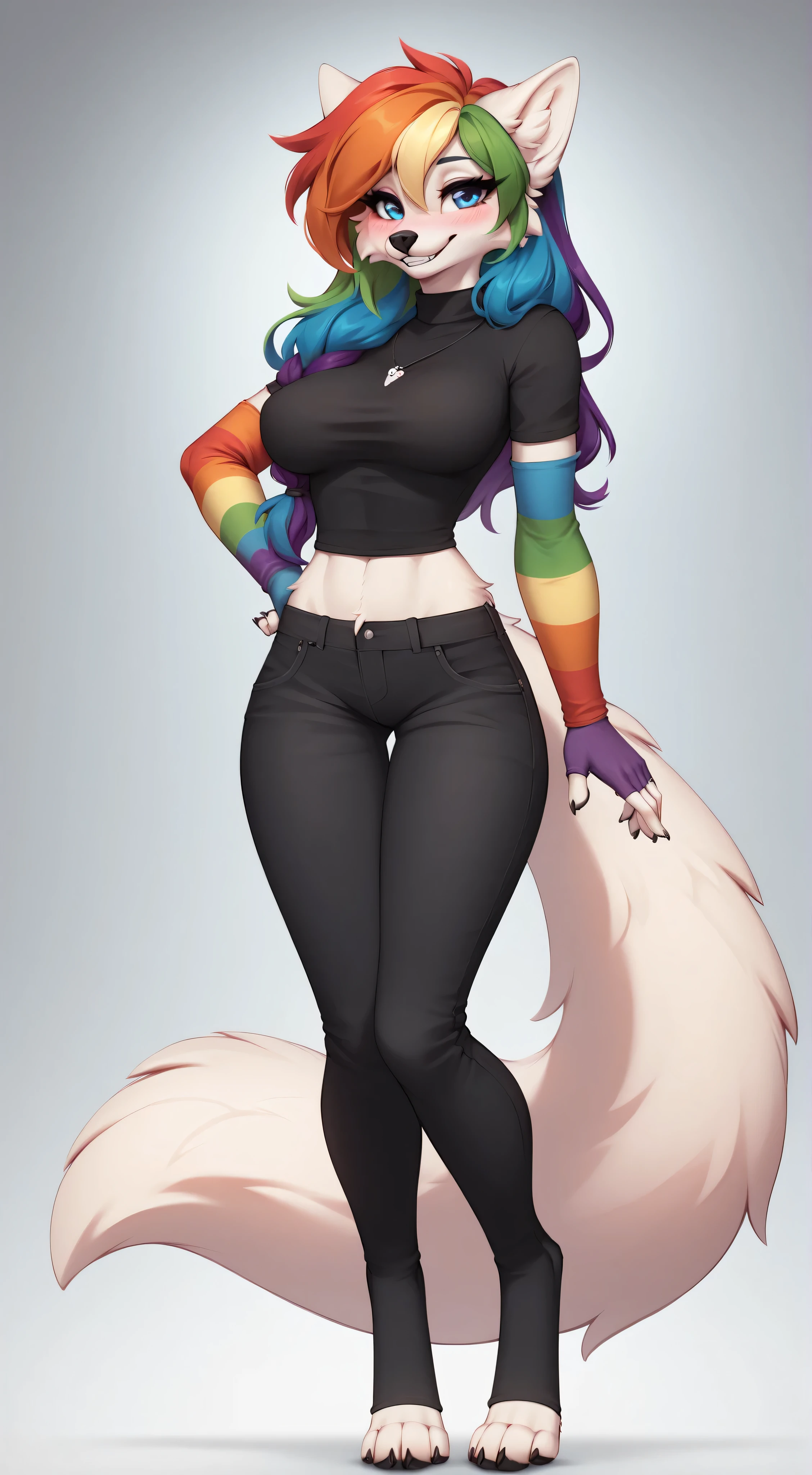 (4K HD Quality), score_9_up, score_8_up, score_6_up, anthro, solo, 1girl, furry, white fox, white body, white fur, rainbow hair color, long thick hair, blue eyes, fox tail, medium large breasts, 

perfect smile teeth, blush, 

rainbow sleeves gloves, fingerless gloves, rainbow thigh high socks, toeless socks, 

looking at view, full, full body view, (far view), simple background rainbow color, 

black shirt, long black pants, stand up straight, sexy standing style, 