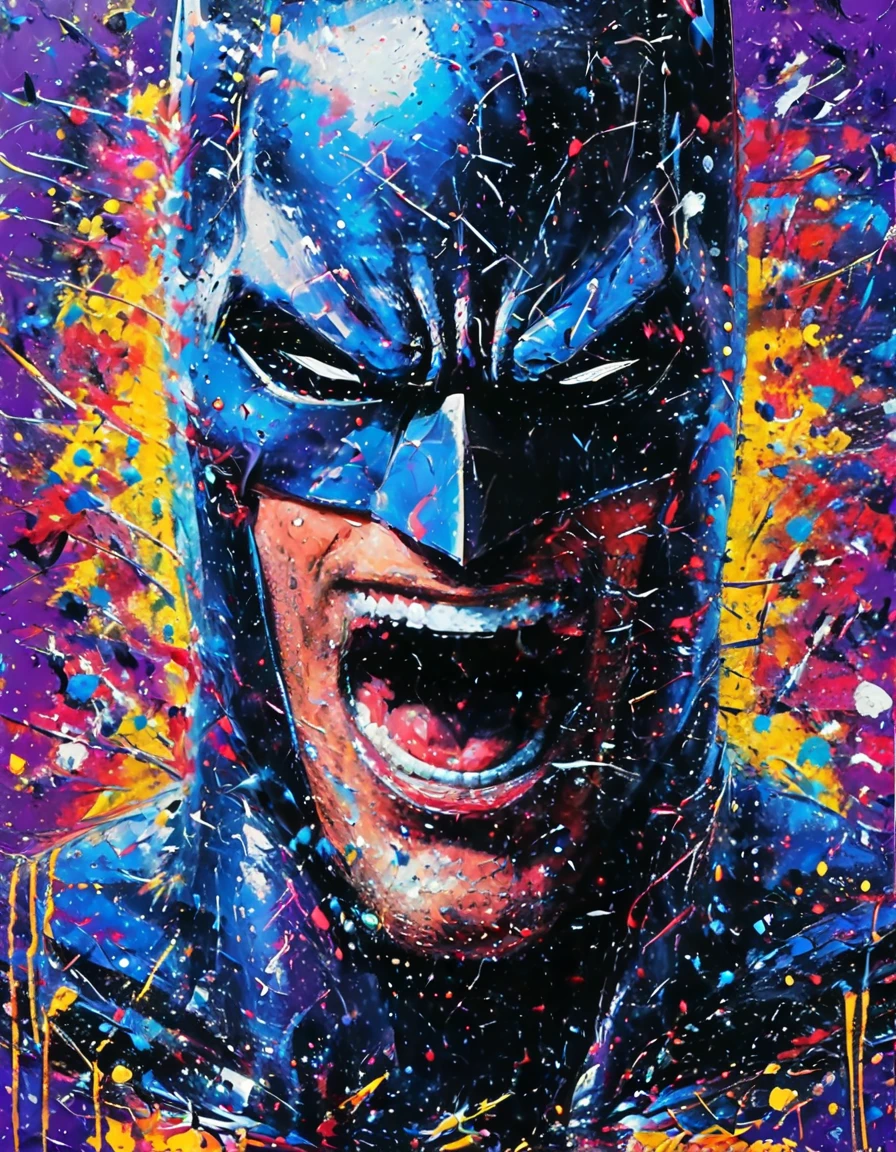 Ultra-high definition, award-winning work, masterpiece, extreme, purple background, , hyper contrast, multi-colored high-concentration splash paint, (Batman's crazy laugh:1.2), (Laugh with your mouth wide open:1.2),