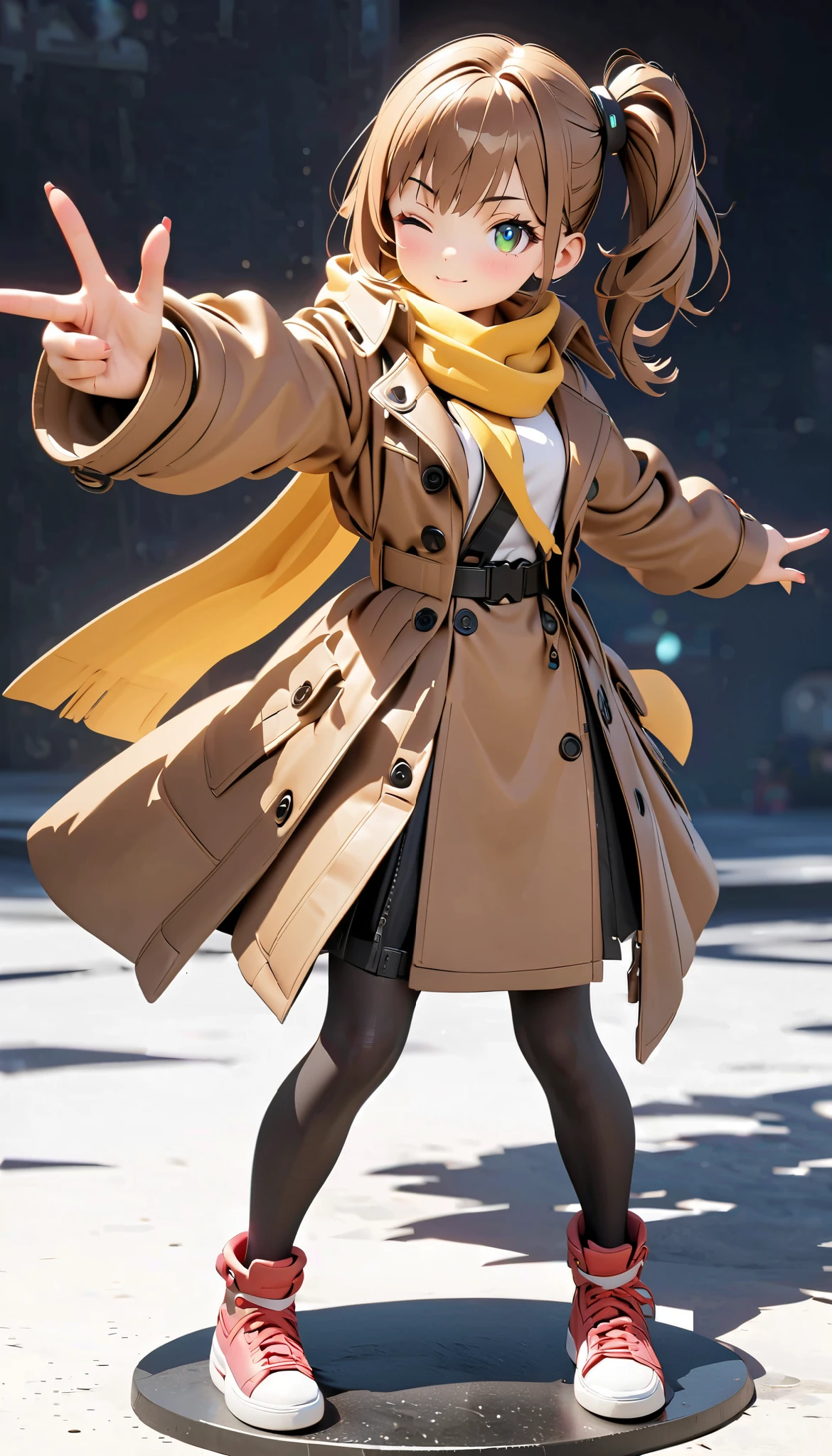 (masterpiece:1.2), ( top quality:1.2),  super high resolution,  very detailed, Alone, PHOTOGRAPHER GIRL ,  with brown hair,  side ponytail ,  green eyes,  trench coat,  black stockings,  absolute domain,  sneakers,  yellow scarf, cute,  cyberpunk,  white background , 3d style, 3D Figures, whole body, 4 heads,  3d rendering,  oc rendering , 8k, from front, Finger Frame, one eye closed