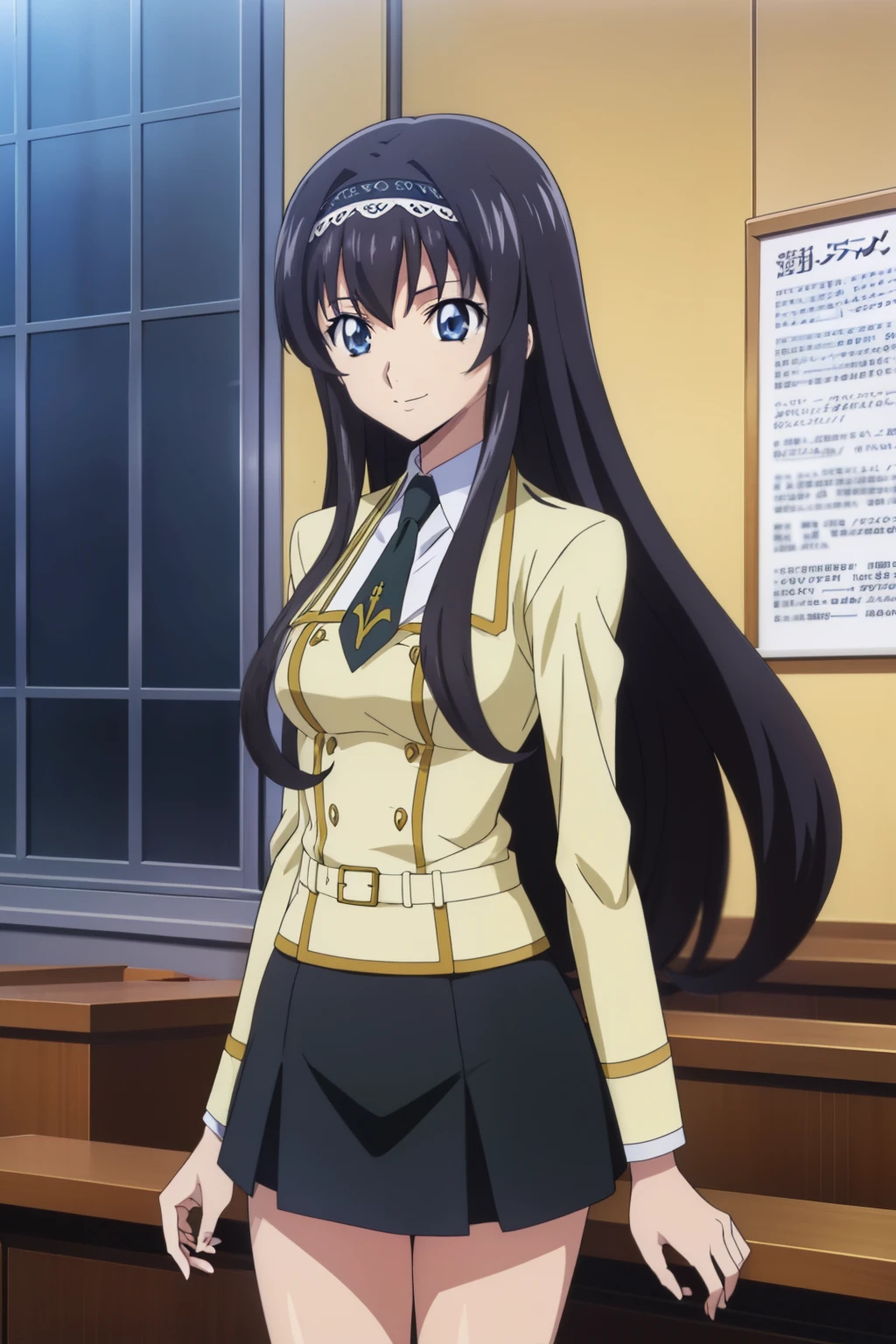 from side, 1 girl, cute, black hair, long hair, ((髪band)), (smile), (greeting), (School Uniform, black skirt, socks), (In a lecture room at the school), (anime cels style, Masterpiece, best quality, high resolution, anime colored, megami magazine:1.2, anime poster style, anime keyvisual, sharp, 8k, photorealistic), beautiful eyes