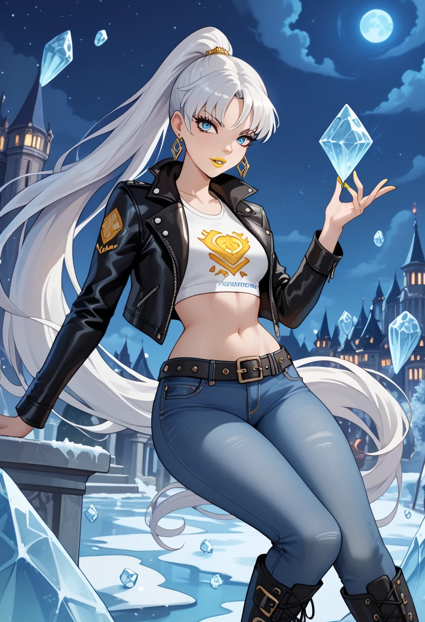 ice, best quality, illustration, 1 girl, icywinx, very long hair, open black leather jacket, jeans, belt, earrings, belly button, leather boots, high definition, fantasy worlds, composition, white hair, night, blue eyes, anime style, yellow lipstick, evil, ponytail