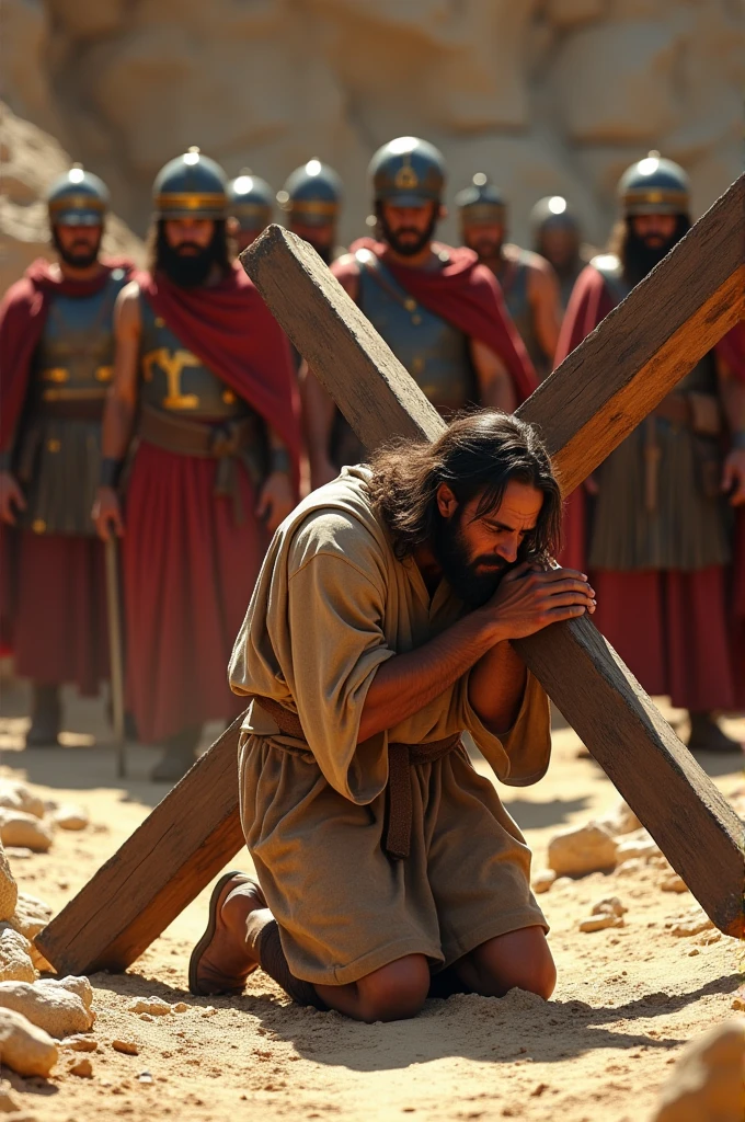 Jesus is depicted in the moment He falls to the ground for the first time while carrying the Cross. The scene captures His struggle and physical agony as He collapses under the weight of the heavy, wooden Cross. His robe is tattered and stained, and the crown of thorns continues to press painfully into His scalp, with blood mingling with sweat on His face. His hands and knees are scraped and dirty from the fall. Roman soldiers and bystanders are gathered around, with some of the soldiers harshly pushing Him to get up, while others watch with indifferent or scornful expressions. The backdrop is the crowded, dusty streets of Jerusalem, with the overcast sky reflecting the somber mood of the moment. The scene emphasizes the intense physical and emotional suffering Jesus endures.